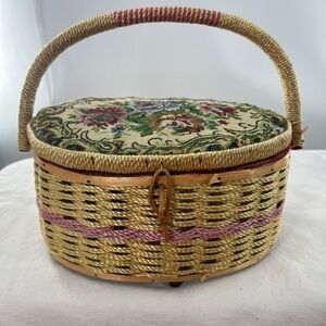 Vintage tapestry sewing basket with insert tray